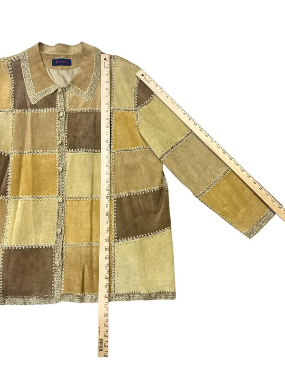 Denim & Co Womens 2X Patchwork Leather Suede Jacket Tan Brown Crochet Stitch 70s